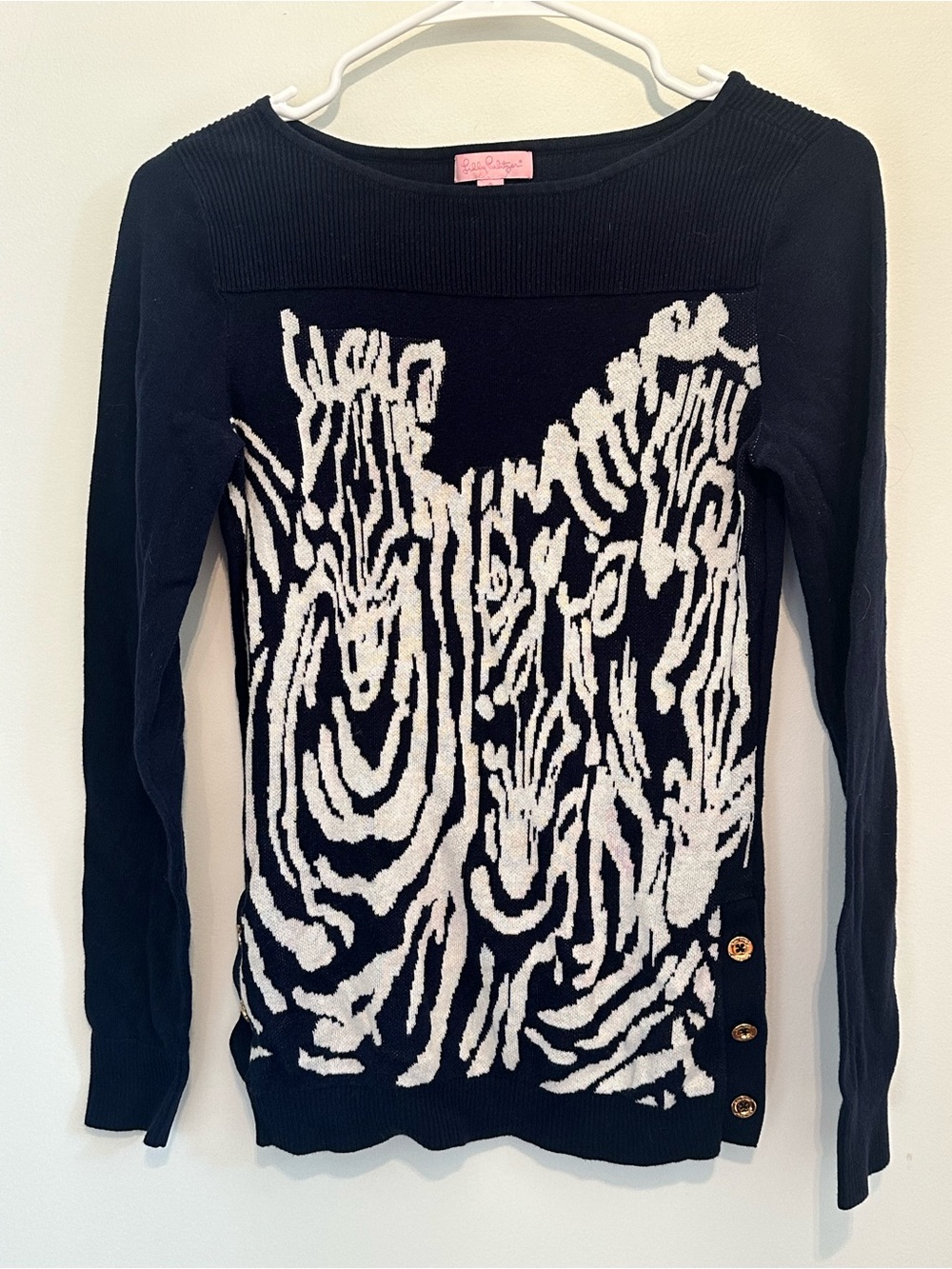 Lilly Pulitzer Navy & White Zebra Print Boatneck Sweater with Side Buttons S